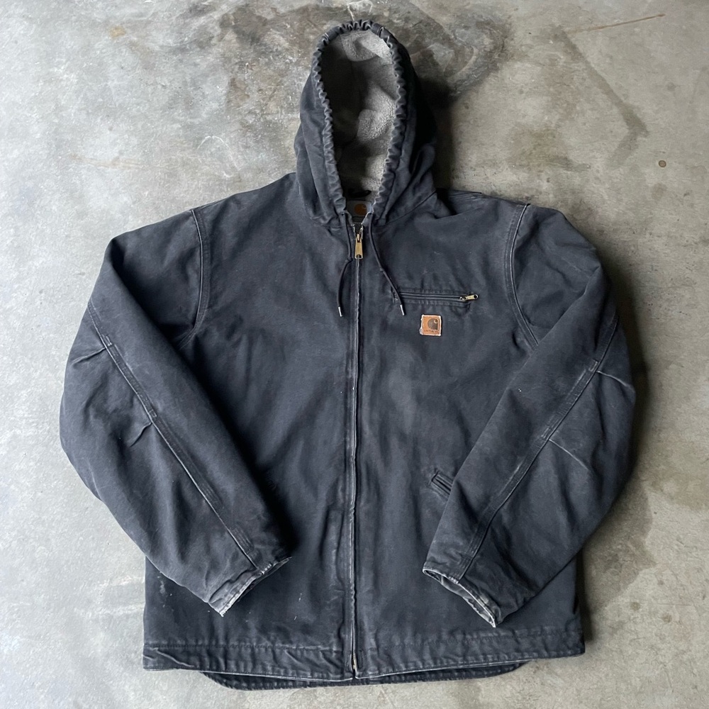 Carhartt J141 Men's Black/Dark Gray Hooded Well Worn Zipper Jacket  XL Tall